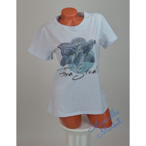 Virág Mintás Cirmos Szürke Pamut Póló! XL/XXL-es 