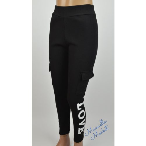 Fekete Bundás Belsejű Őszi-Téli Oldalt Feliratos/Zsebes Pamut Leggings! XL-3XL-es