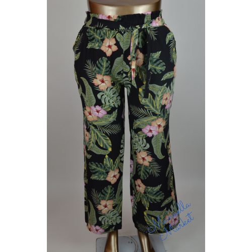 Egyenes Szárú Derékkötős, Hibiszkusz Mintás Molett Nadrág! 5XL/6XL-es