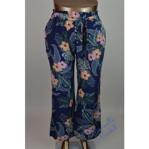 Egyenes Szárú Derékkötős, Hibiszkusz Mintás Molett Nadrág! 5XL/6XL-es