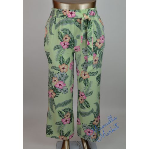 Egyenes Szárú Derékkötős, Hibiszkusz Mintás Molett Nadrág! 5XL/6XL-es