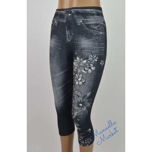 Virág Mintás-Köves, Farmerhatású Vékony Fekete Capri Leggings!  XL-3X