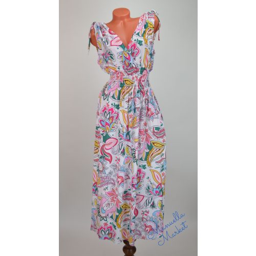 Virág Mintás Mell Alatt Húzott Ujjatlan Fehér Maxi Ruha! L/XL-es
